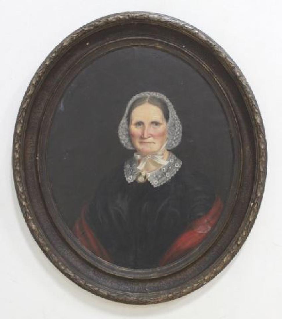 :Oval Portrait of Lady: Oil on board. 19th century. Approx. 30" x 25" unframed, 38" x 33" framed. Scratches. Restorations.