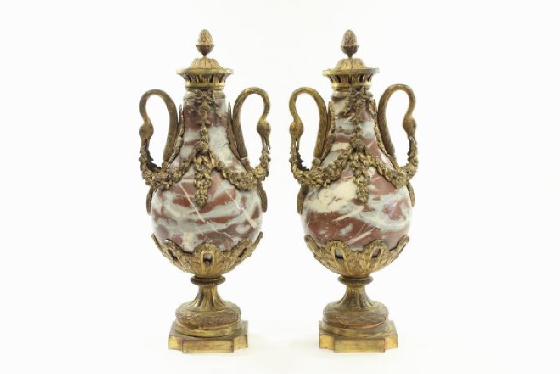 Pair Marble & Bronze Cassolettes: With swan handles. 19th century. Approx. 20 1/2" H. From a Buffalo, NY estate.