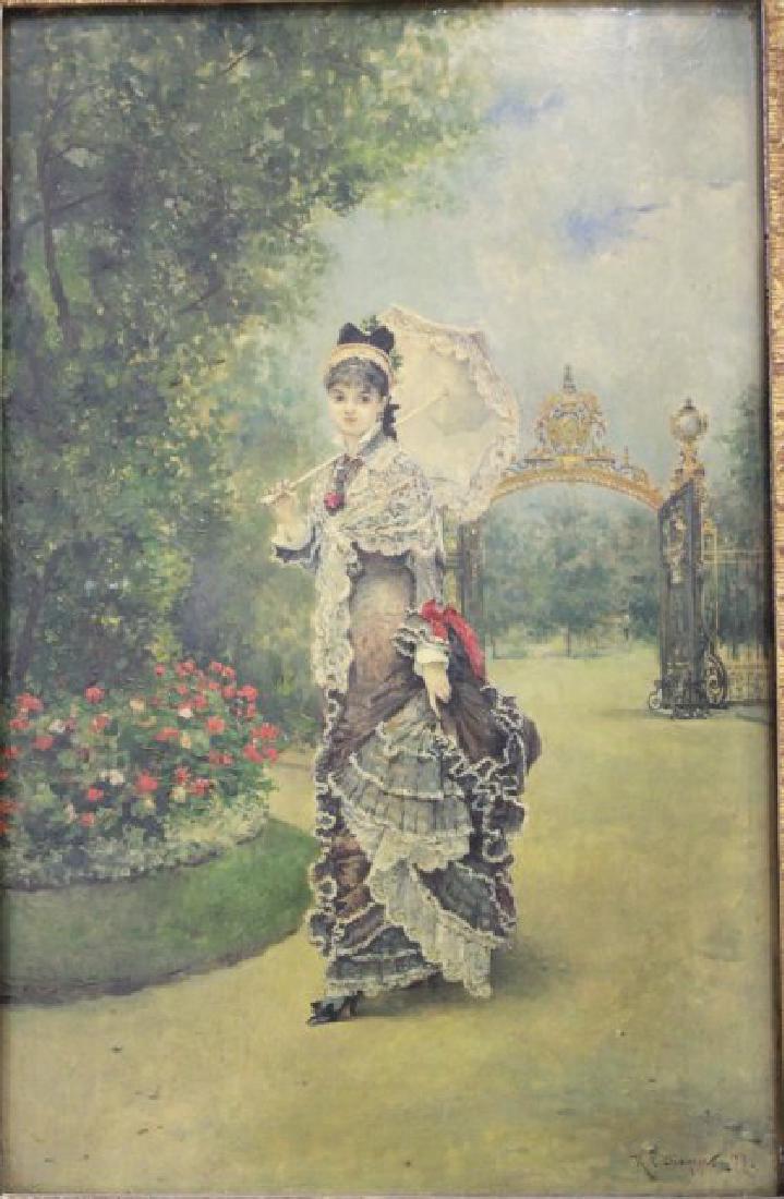 Ricardo C. Diaque, Lady in the Park: Oil on wood panel. Signed and dated 1877 lower right. Ricardo Corchon Y Diaque, Spanish visual artist (1853-1925). Late 19th century. Approx. 16" x 10" unframed, 20" x 14" framed. From the estate of B