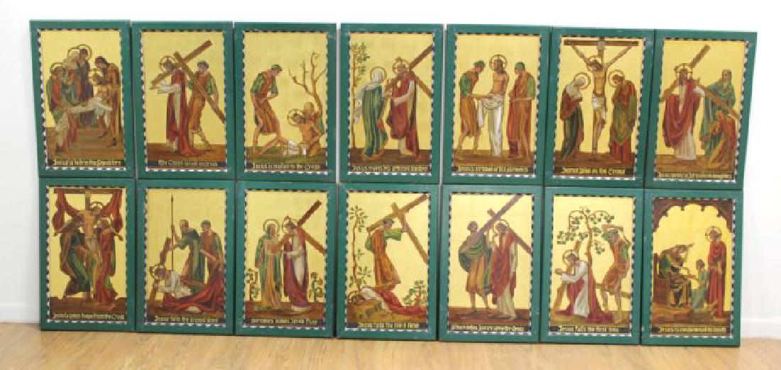 :14 Stations of the Cross: Oil on board. Approx. 21" H x 12" W unframed, 24" H x 15" W framed. (6125)