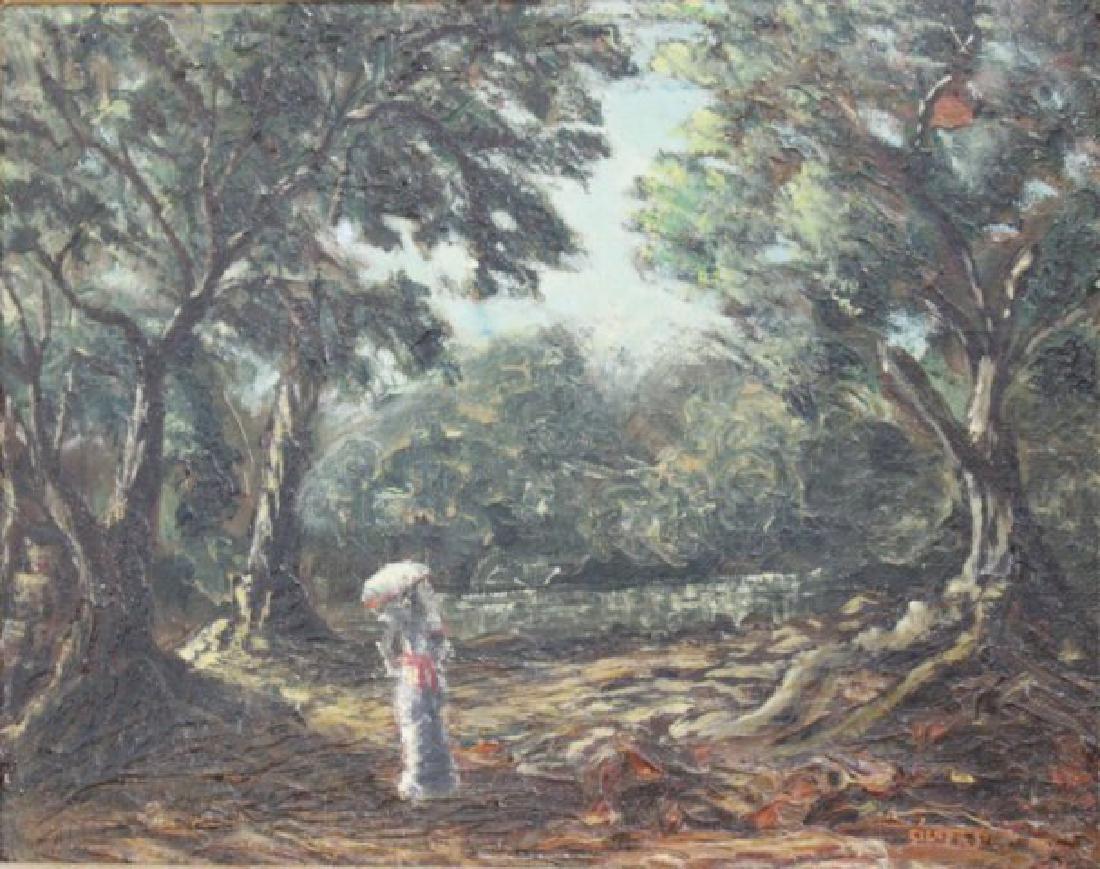 Landscape with Female Figure: Oil on board. Framed. Approx. 7 1/2" x 9 1/2" image, 14" x 16" framed.