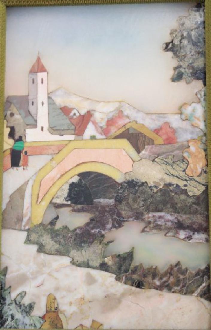 Italian Stone Mosaic, Village Scene: G. Egolini. Approx. 5" x 3" sight, 9 1/2" x 7 1/2" framed. From the estate of a NYC socialite. (7037)
