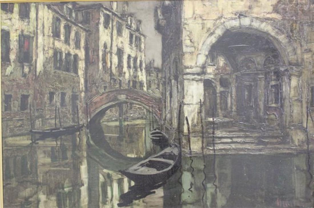 Montani, Venice Canal: Oil on canvas. Signed lower right and rear. Approx. 24" x 36" unframed, 32" x 44" framed.