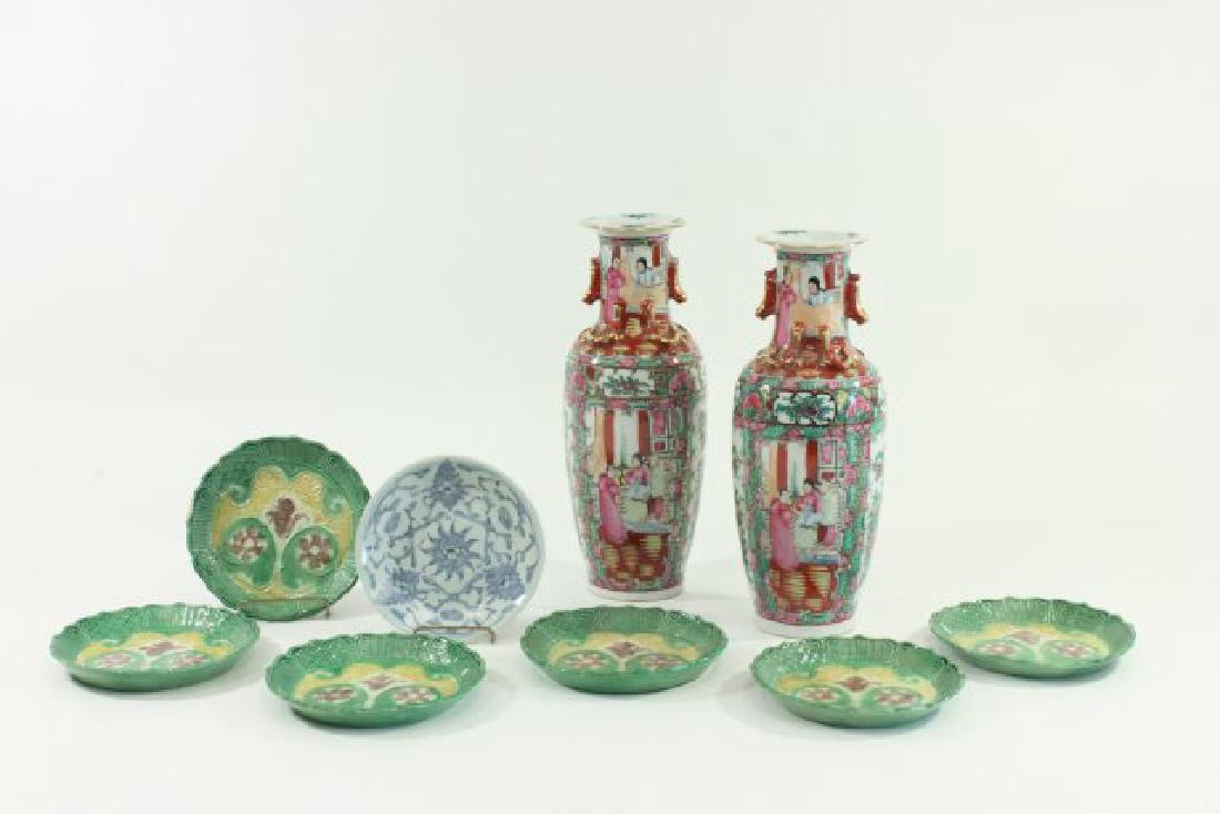 Group Lot of Chinese Ceramics: Including pair famille vert style vases, approx. 12" H; 6 green ground small dishes & 1 blue small dish with stamp underside, each approx. 6". Damages to edge of one green small dish.