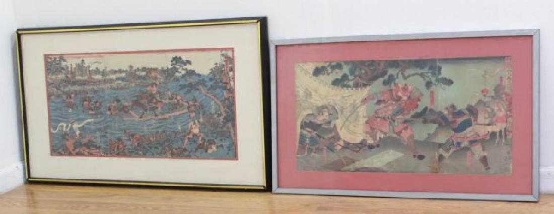 2 Japanese Woodblock Triptychs: One approx. 14" x 26" sight, 20" x 33" framed. One approx. 14" x 30" sight, 22" x 38" framed.