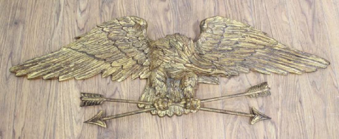 Giltwood Eagle Crest: Approx. 13" H x 40" W. From a Park Slope, Brooklyn estate.