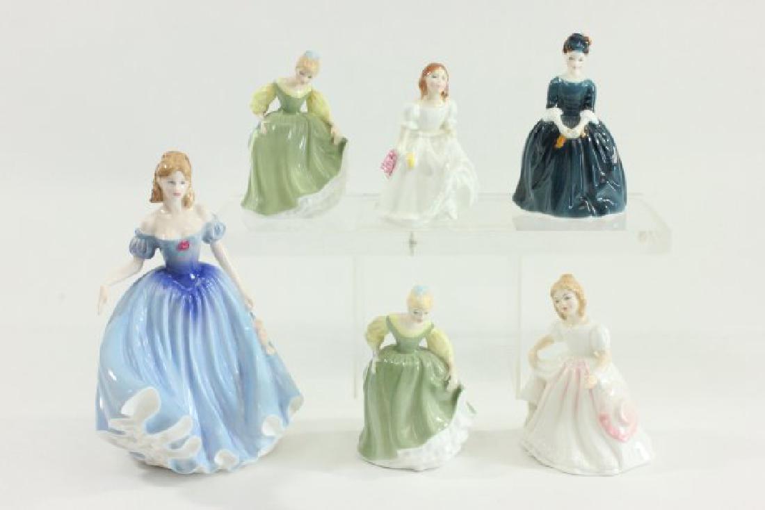 6 Royal Doulton Figurines: Including Melissa HN 3977, approx. 9 1/2" H; Amanda HN 2996; Cherie HN 2341; Lynsey 3043; and 2 Fair Maidens HN 221. From a Park Slope, Brooklyn estate.