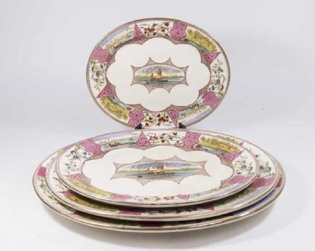 :4 Ford & Riley English Burslem Platters: 19th century. Bone china. Various sizes. Stamped with beehive Borneo pattern. Smallest approx. 13 1/2" x 11", largest approx. 20" x 15 1/2". (6150)