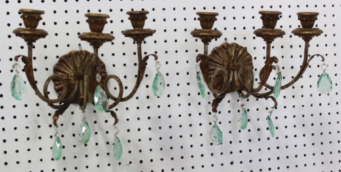 Pair Gilt Metal & Wood 3-Light Sconces: Green drops.