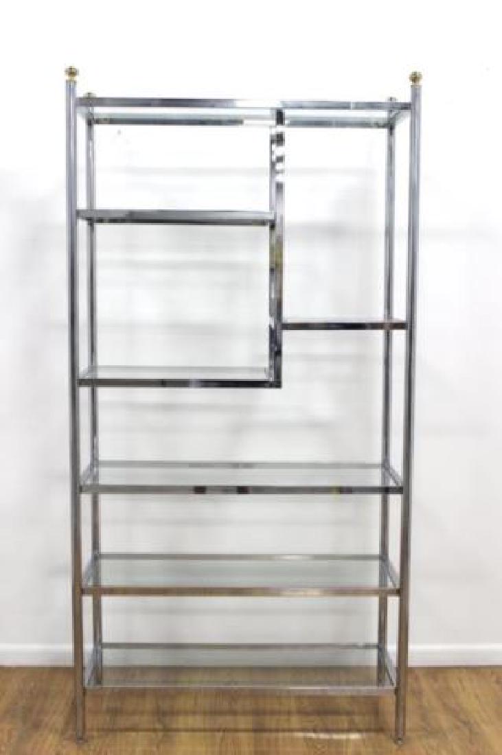 :70s Chrome & Brass Etagere: Approx. 82" H x 41" W x 16 1/2" D.
