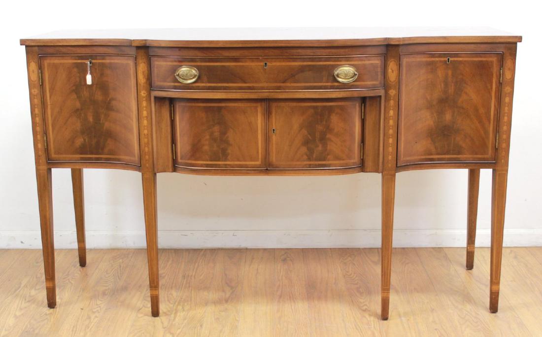 Mahogany Pencil Inlay Sideboard by Biggs: Bellflower inlay on legs. 1 drawer. 4 doors. Approx. 39" H x 66" W x 25" D. From a Park Slope, Brooklyn estate. Surface scratches on top.