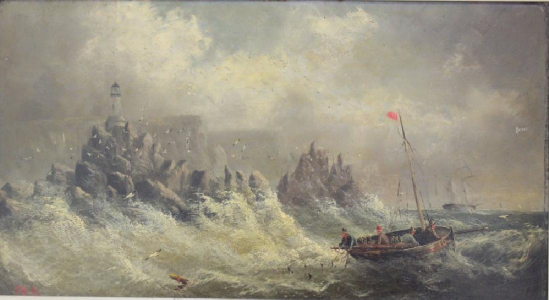 English Stormy Seascape: Oil on board. Initialed lower left. Approx. 9 1/2" x 17" sight, 14" x 22" framed. From an Englewood Cliffs, NJ contents.