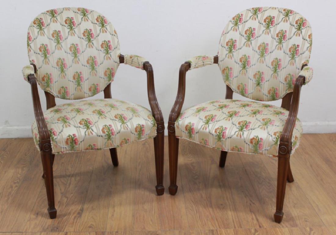 Pair English Style Mahogany Armchairs: Upholstered back and seat. Cut velvet. Approx. 35 1/2" x 24 1/2". From a Park Slope, Brooklyn estate. Clean upholstery.