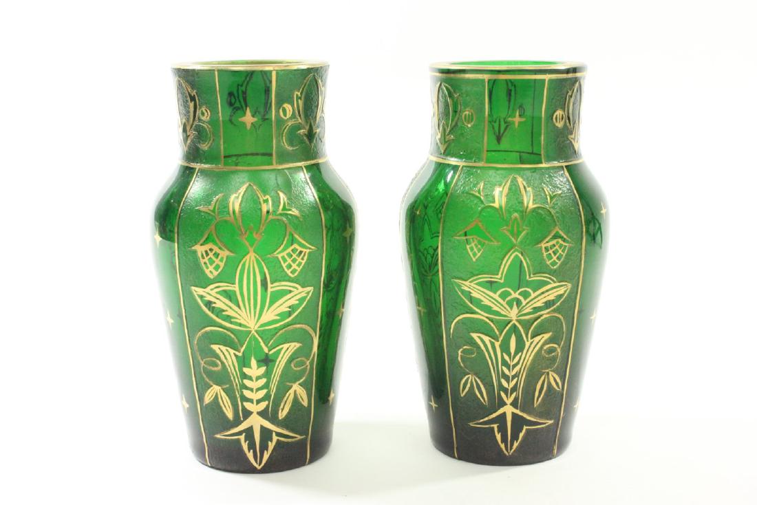 Pair Czech Green Glass Etched & Gilded Vases: Marked on bottom. Approx. 5 3/8" H. (7055)