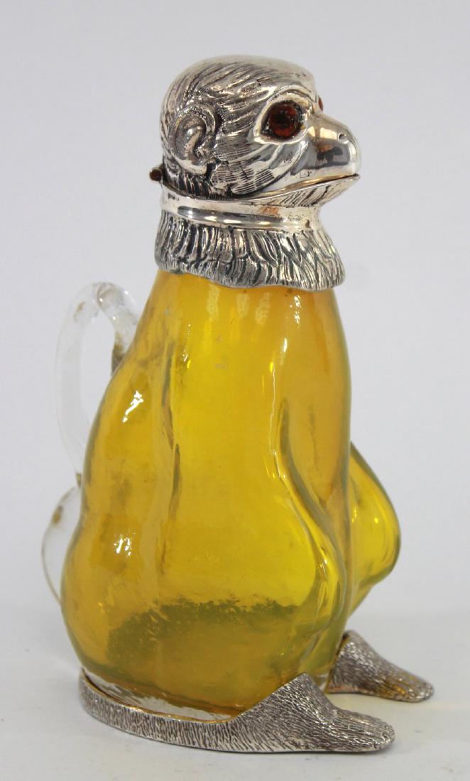 Silverplate & Yellow Glass Seated Monkey Decanter: Approx. 8" H.