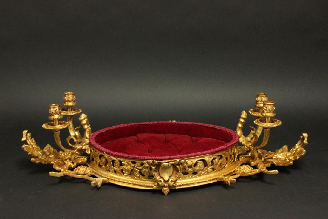 Rococo Style Bronze & Tufted Velvet Jewelry Tray: With 4-armed candleholders. Approx. 28" x 13".