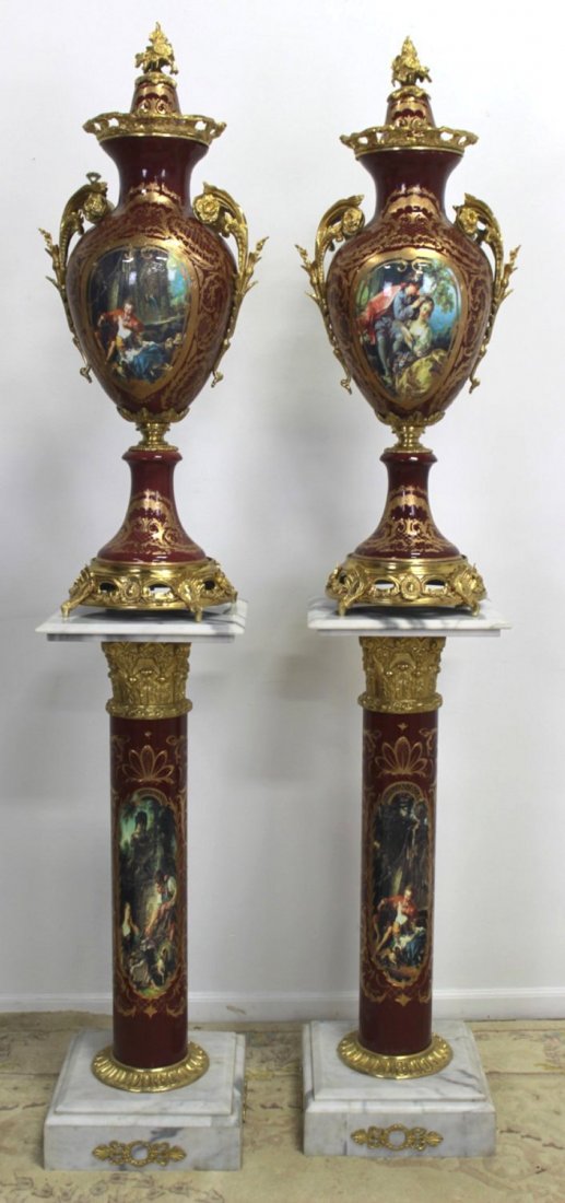 Pr Porcelain & Marble Palace-Size Urns & Pedestals (1 of 10)