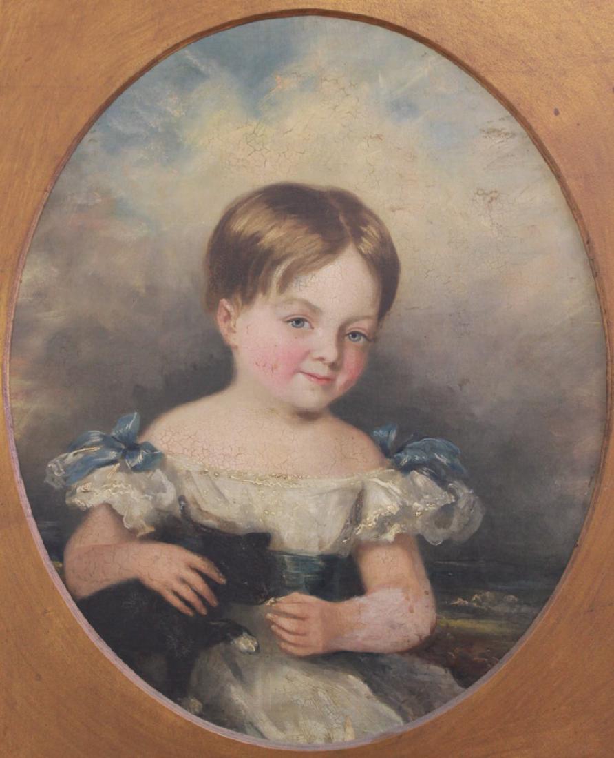 Portrait of Young Girl: Oil on board. 19th century. Approx. 23" x 19" sight, 31" x 27" framed. (7055) Craquelure throughout.