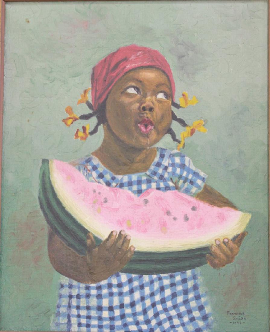 Frances Smith, African-American Child: Oil on canvas. Signed lower right and dated 1941. Approx. 15 1/2" x 12 1/2" unframed, 18" x 15" framed. From a South Hampton contents.