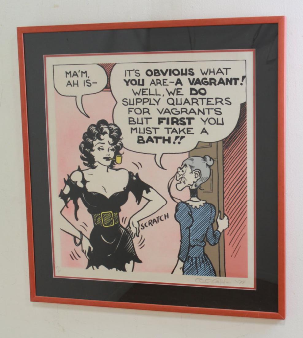 Al Capp, Mamy Yokum & Daisy Mae: Silkscreen on fabric. Pencil signed, dated 1974, and numbered 49/250. Alfred G. Caplin (1909-1979). Approx. 27" x 25" sight, 34" x 32" framed. From a South Hampton contents.
