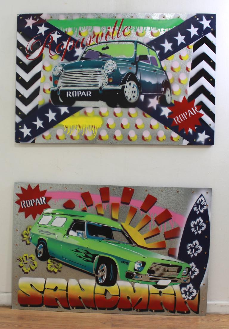 Dennis Ropar, Graffiti Art: Enamel on galvanized iron panels. Both signed. Dennis Ropar, Australian (born 1971). "Sandman" approx. 32" x 48"; "Roparville" approx. 32" x 48". From a South Hampton contents.