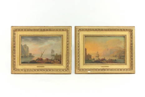 After Claude Joseph Vernet, 2 Works: Both oil on wood panel. One cradled. Claude Joseph Vernet, French maritime painter (1714-1789). Approx. 8 1/2" x 12 1/2" unframed, 14" x 18" framed. (7056) Cracks to both.