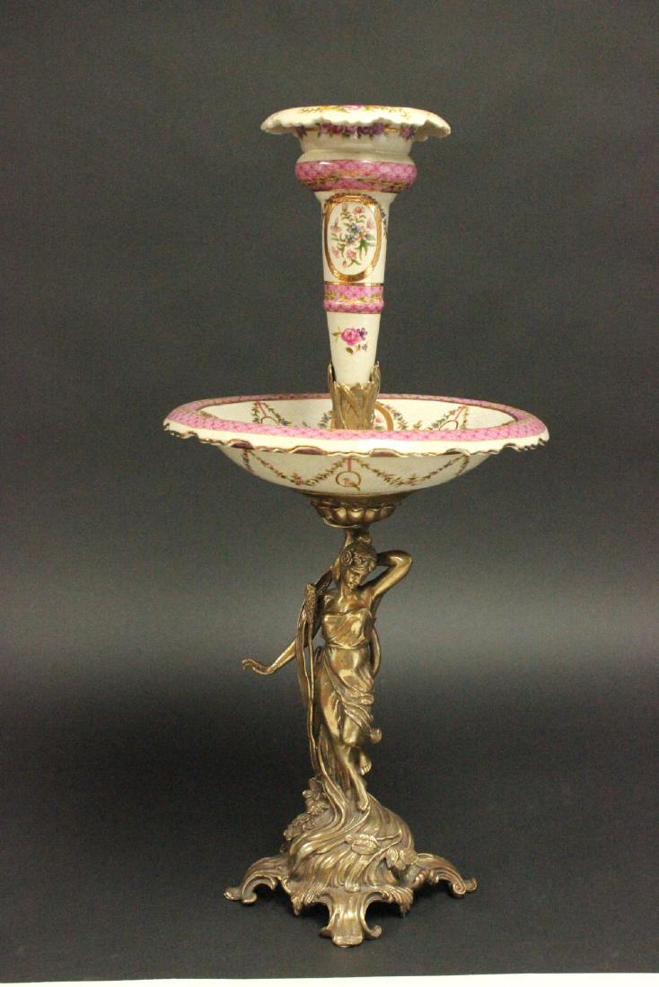 2-Tier Bronze & Porcelain Centerpiece: Approx. 24" H x 12" W.