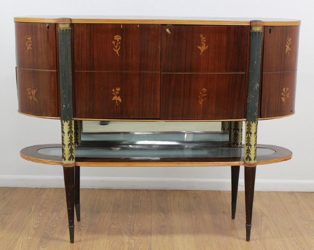 :Italian Art Deco Inlaid Rosewood Bar: Approx. 48 1/2" H x 62" W x 17 1/4" D. From the Gloria Crest estate.