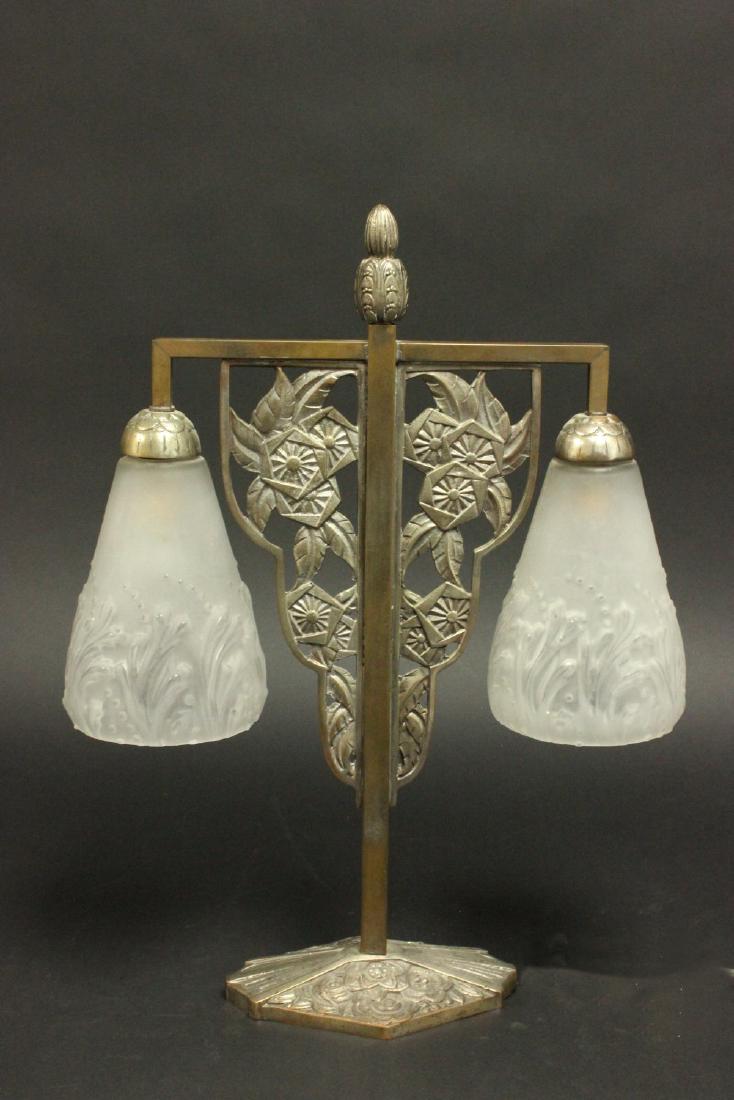 French Art Deco Silvered Metal 2-Light Lamp (1 of 4)