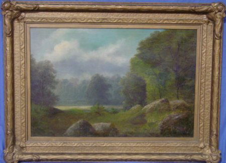 LATE 19TH C. OIL PAINTING ON BOARD LANDSCAPE: PAINTING. LATE 19TH-EARLY 20TH C. O/C MOUNTED ON BOARD LANDSCAPE BY AMERICAN ARTIST INITIALED D.J. APPROX. 20" X 30" (ON BACK DAVID JOHNSON) (THERE IS A 2 INCH REPAIR IN THE CLOUDS)