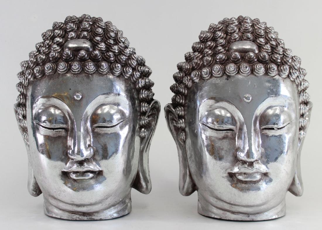 Pair Composition Silvered Buddha Heads: Approx. 17" H. (19)