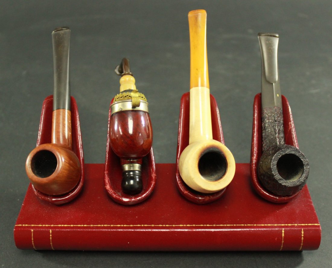 Lot of 4 Pipes with Stand: Various makers - Dunhill, Briarwood, Tandard, Old Briar, Meerschaum, E. Wilke NY. Including one with case. From the Rosalita Salta collection.