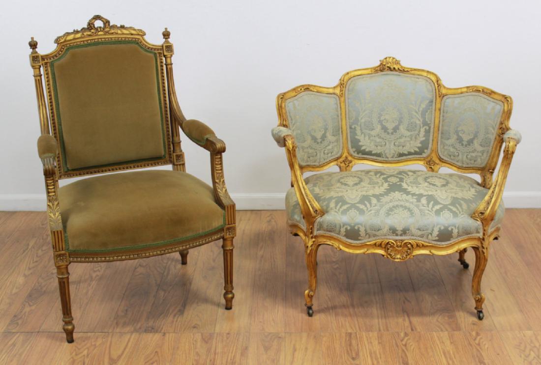 Rococo Style Giltwood Brisee & Fauteuil: Early 20th century. Brisee approx. 33" H x 36 1/4" W x 26 1/4" D. From a Plainfield, NJ mansion estate, featuring a 100 year collection of antiques.