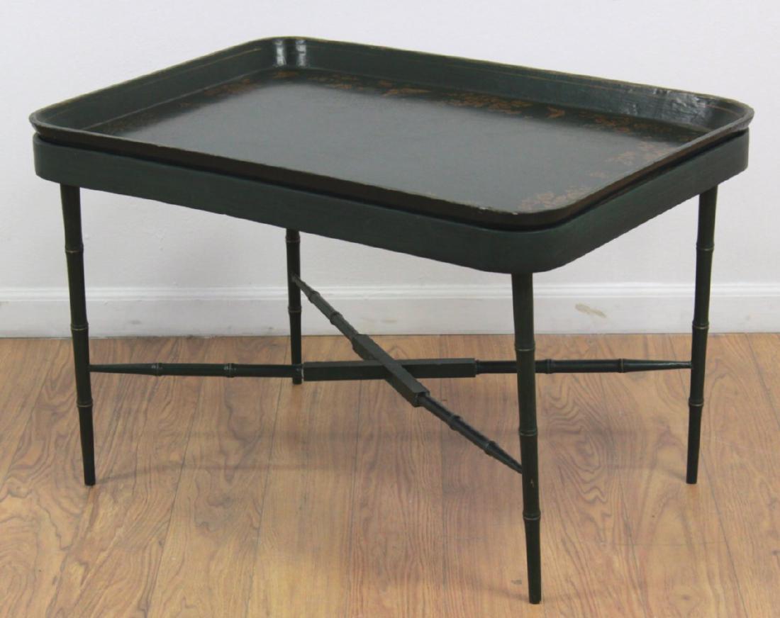 Green Papier Maché Tray Top Table: Faux bamboo base. Approx. 21" H x 33" x 24".