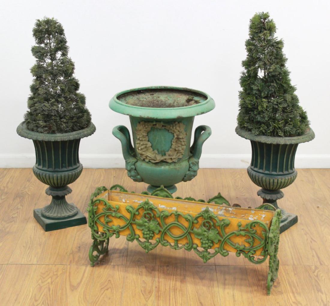 Victorian Cast Iron Urn, Pair Urns, & Jardiniere (1 of 1)