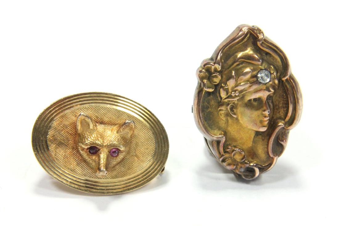 2-14K Gold Tie Tacks: Fox with ruby eyes and art nouveau lady with diamond. Approx. 3.9 dwt. From a Long Branch, NJ estate.