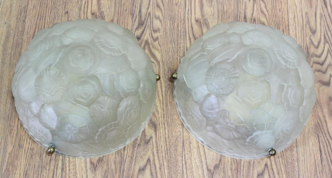 Pair French Domed Hall Lights: Stamped France with star. Approx. 8" H x 12" D. Crack in one.