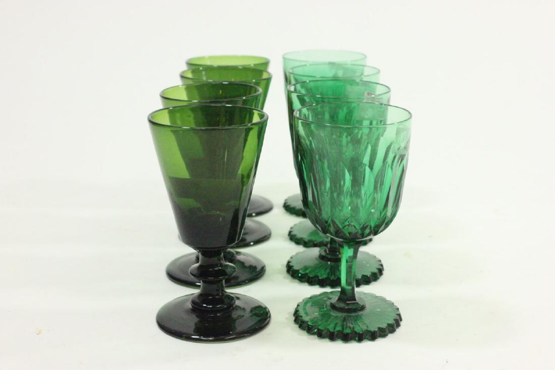 2 Sets of Green Glasses: 1 set - late Federal Bristol wine, approx. 4 3/4" H; 1 set - blown & hand cut Moselle wine, approx. 4 7/8" H. From a Yonkers, NY estate.