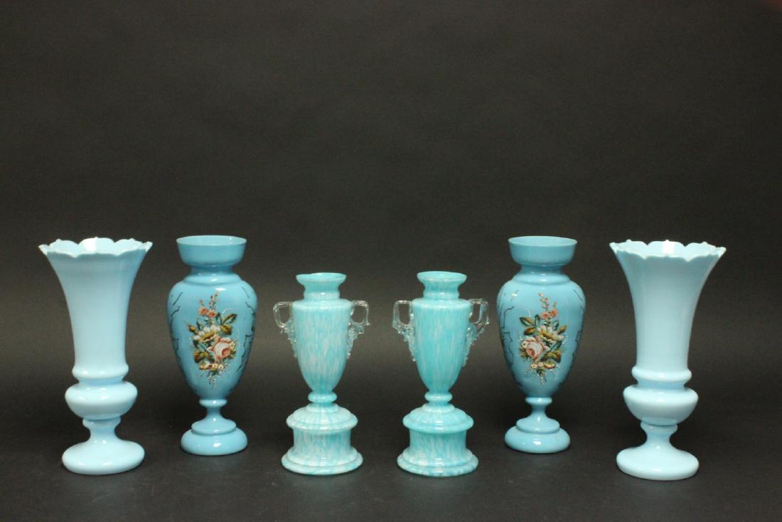 3 Pairs Victorian Blue Glass Vases: Various shapes. Tallest approx. 11 5/8". From a Yonkers, NY estate.