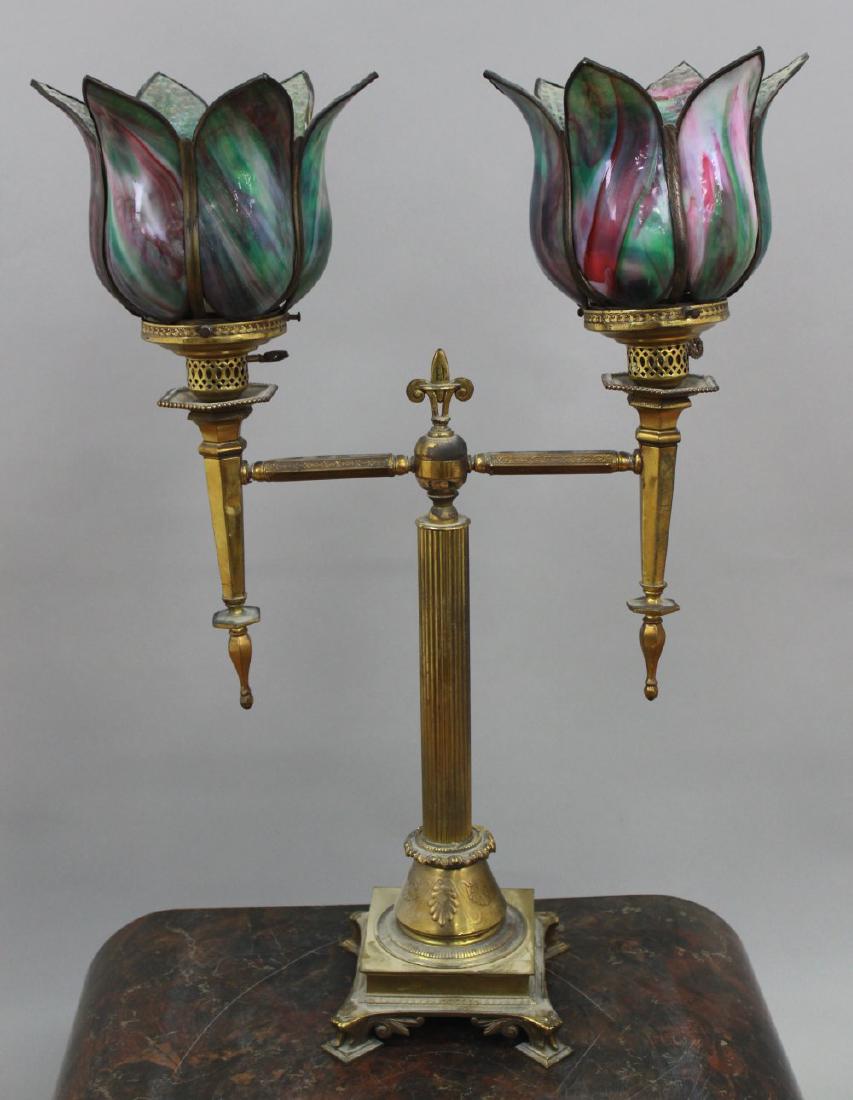 Brass Table Top Bridge Lamp with Tulip Shades (1 of 4)