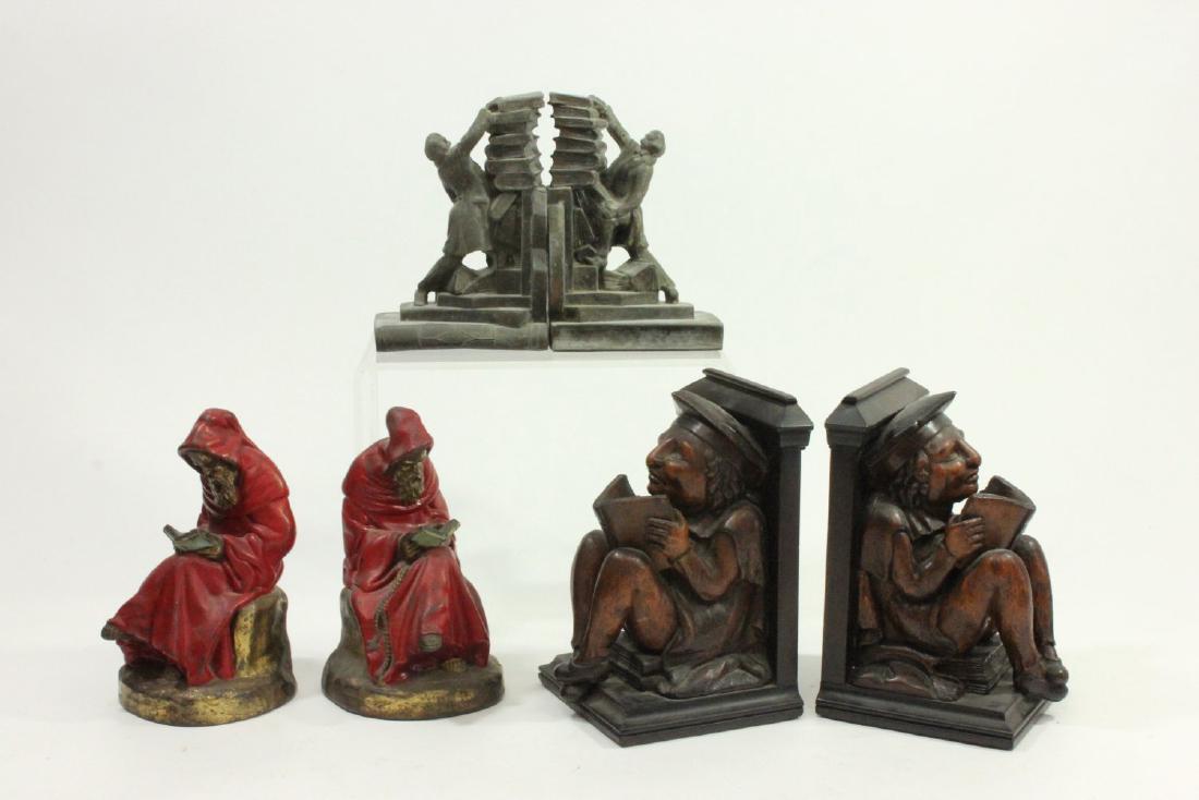3 Pairs Bookends: Pair wood carved, approx. 8 1/4"; armor bronze; and metal. (7090)