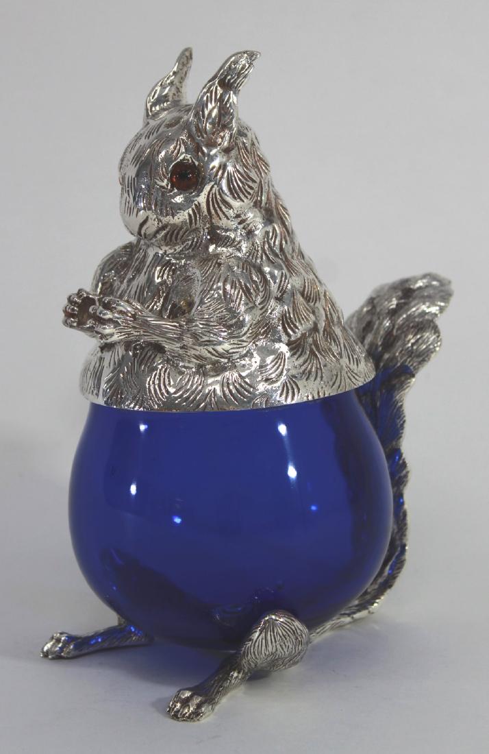 Blue Glass & Silverplate Squirrel Decanter: Approx. 9" H. (49)