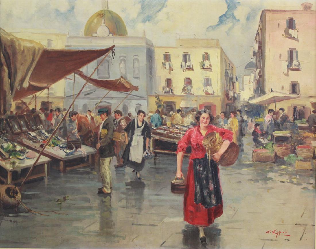Giuseppe Rispoli, Fish Market: Oil on board. Signed lower right, Rispoli. Giuseppe Rispoli, Italian (1882-1960). Approx. 25" x 30" sight, 31" x 36 3/4" framed. From the Rosalita Salta collection.