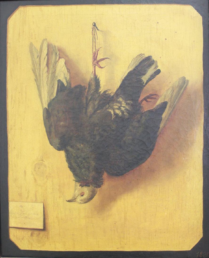 Hanging Game: Oil on canvas. Dated 1880 lower right. Approx. 22" H x 17" W image, 25 1/2" H x 21" W framed. From the Rosalita Salta collection.