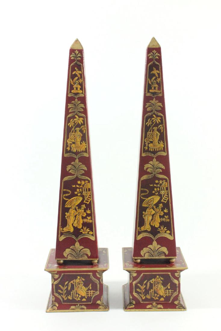 Chinoiserie Style Toleware Obelisks: Red background. Approx. 21 3/4" H. (24)