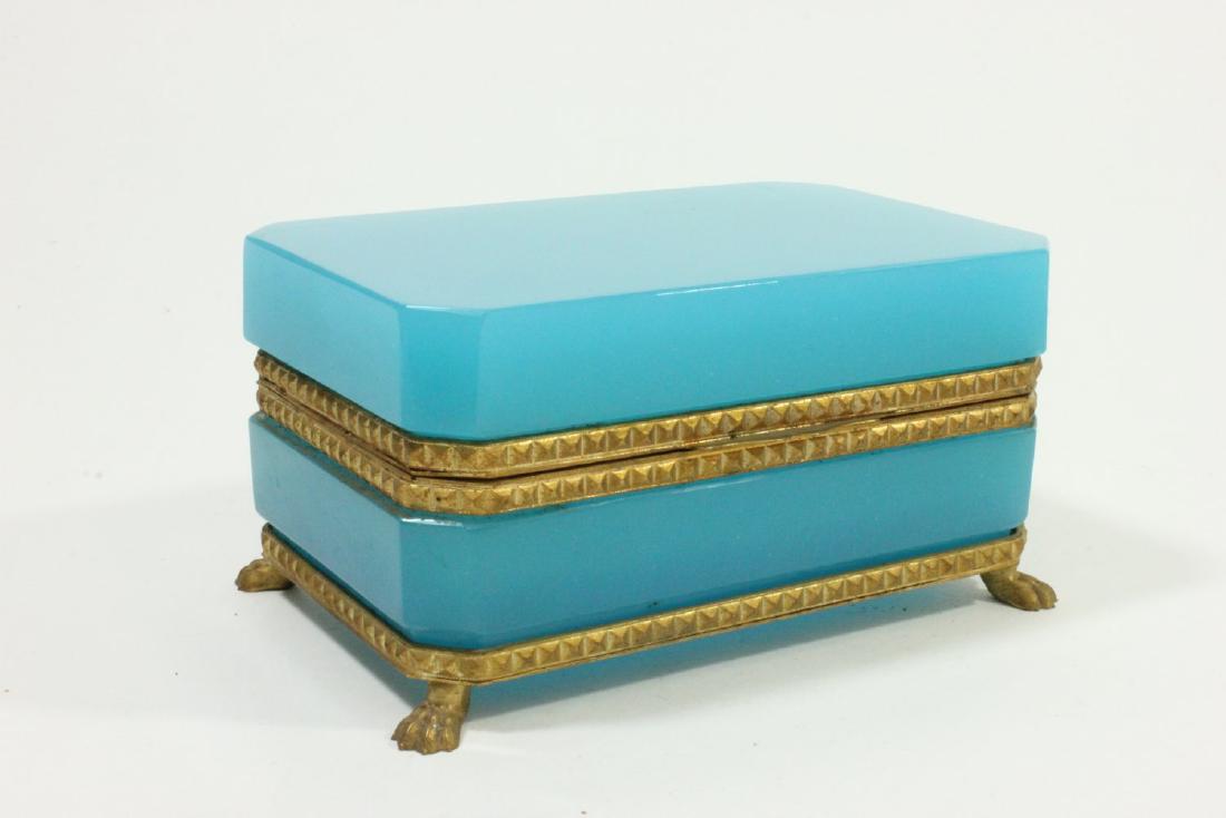 French Blue Opalescent Bronze Mtd. Jewelry Casket: Approx. 2 3/4" H x 5 1/4" W x 3 3/8" D. From a Plainfield, NJ mansion estate, featuring a 100 year collection of antiques.