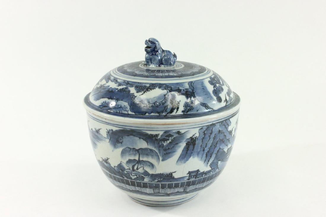 Chinese Covered Bowl with Foo Dog on Lid: Approx. 12" H. Line in bowl.