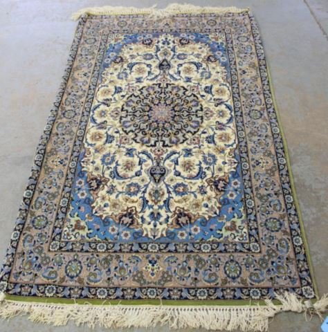 :Ivory & Blue Wool & Silk Blend Isfahan Rug/Carpet (1 of 4)