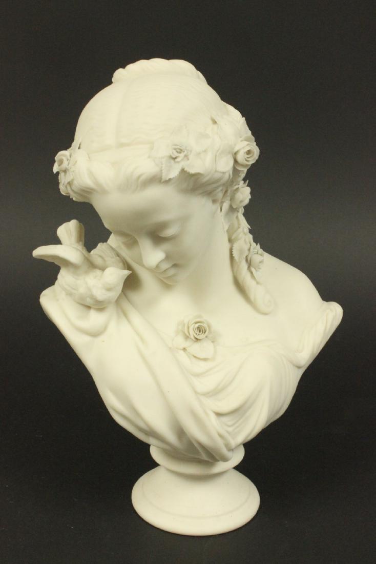 Parian 19th C. Bust of Girl with Bird on Shoulder: Approx. 11" H. (7109)