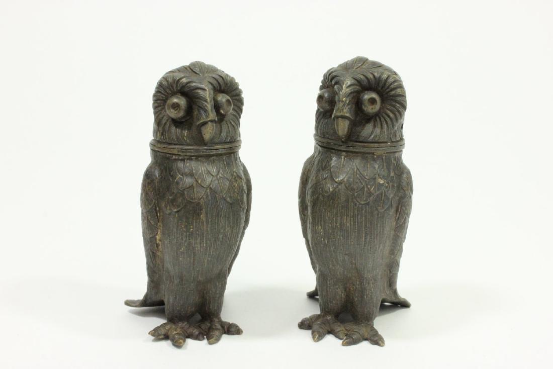 Pair Bronze Owl Shape Salt & Pepper Shakers: Approx. 4" H. From the personal collection of Jeffrey Zimmerman.
